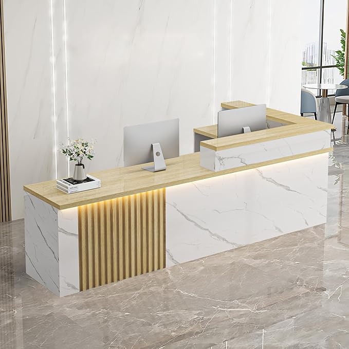 Receptionist Desk with LED Light，Wooden Salon Checkout Counter with Storage Drawer & Keyboard Tray Modern L-Shaped Reception Desk for Barbershop Office Company Store