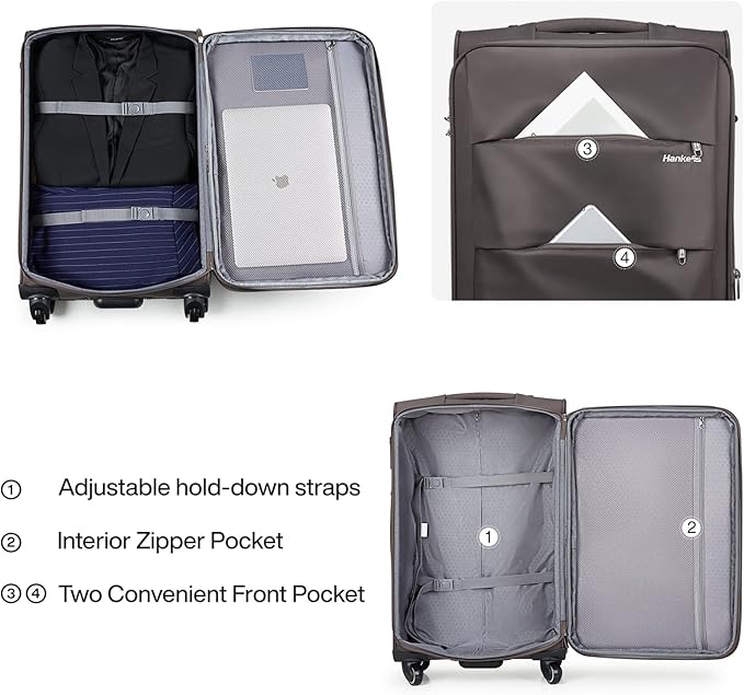 Hanke 20 Inch Expandable Carry On Luggage 22x14x9 Airline Approved Softside Suitcases with Wheels Lightweight Travel Luggage Rolling Suitcase with Lock for Men and Women.(Coffee)