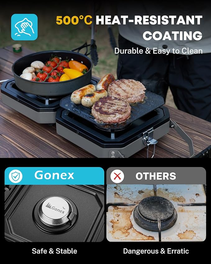 Gonex 2 Burner Propane Camping Stove with Griddle & Grates, Portable Foldable Cooking Stove with Total 16,000 BTU, Two Piezo Ignition Adjustable Burners for Camping, Patio, Emergency, Hiking (Grey)