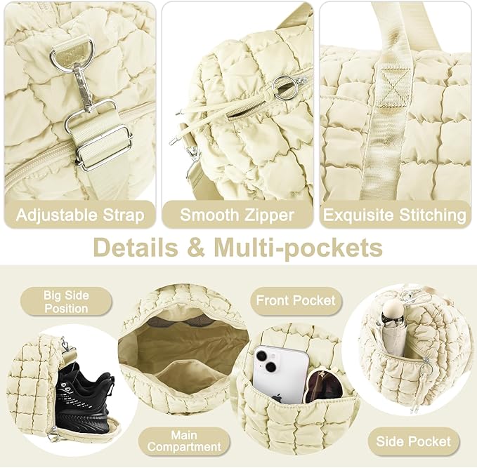 Quilted Travel Duffle Bag Gym Bag for Women,Large Puffer Duffle Weekender Bag with Compartment,Workout Overnight Carry on Organizer Bag Duffle Bag for Airplane Travel(L-Off-white)