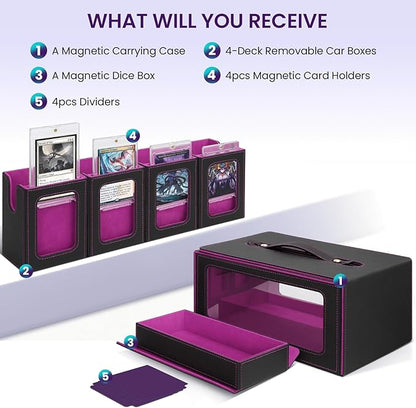 Card Deck Box for MTG with Commander Display, 5 in 1 Card Storage Box Fits 400+ Double-sleeved Cards, Deck Case for TCG Sports Cards with Dividers, Dice Tray, Magnetic Card Holders, Black Purple