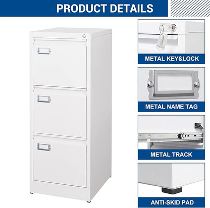 3 Drawers Vertical File Cabinets - 17.8" Deep Lockable Filing Cabinet - White Metal Storage Cabinets for Home Office to Hanging Files Letter/Legal/F4/A4 Size