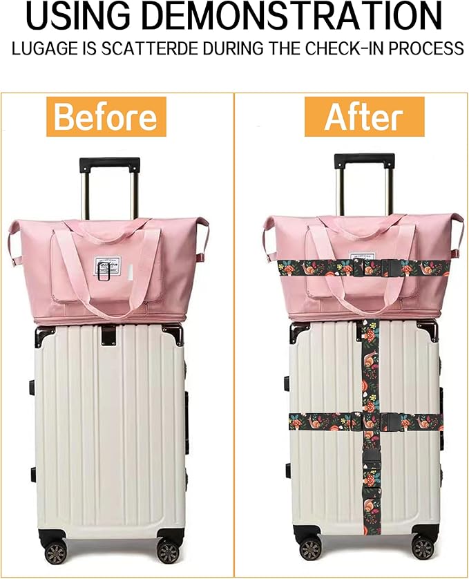 Luggage Straps for Suitcases, Adjustable Travel Belt, Durable Wide Luggage Strap, Cute Suitcase Strap Identifiers with Buckle, Bag Straps for Luggage, Cute Boho Mushrooms