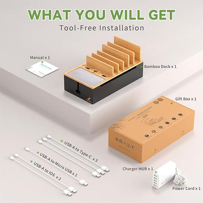 Pezin & Hulin Cable Management Box, Docking Station for Multi Devices, with 5 Ports Charge Adapter and 6 Cables, Wire Organizer for Cords, Box to Hide Cords and Storage Power Strip -Natural + Black