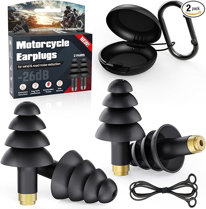 Motorcycle Ear Plugs, 2 Pairs Reusable Silicone, 26dB Wind Noise Reduction & Ear Protection Earplugs with Safety Cord & Travel Case, Comfort Fit for Motorbike, Highway Riding, Touring & Shooting