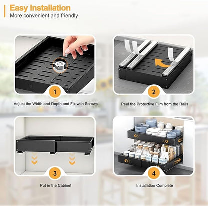 1 Pack Pull Out Cabinet Drawer, Width (11.4"-18.9") & Depth (16.3"-21.6") Expandable Slide Out Cabinet Organizer with Nano Film, No Drill Storage Shelves for Kitchen, Pantry, Bathroom (Black)