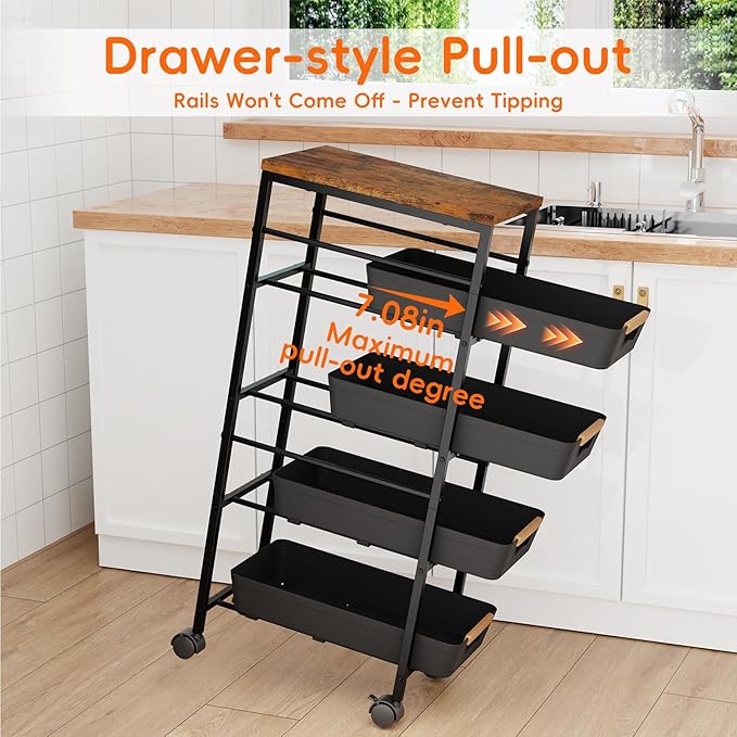5-Tier Slim Storage Cart, Wooden Top Rolling Kitchen Cart with Pull-Out Baskets & Wheels, Narrow Space Utility Cart Slide Out Organizer for Kitchen, Bathroom, Laundry Room, Black