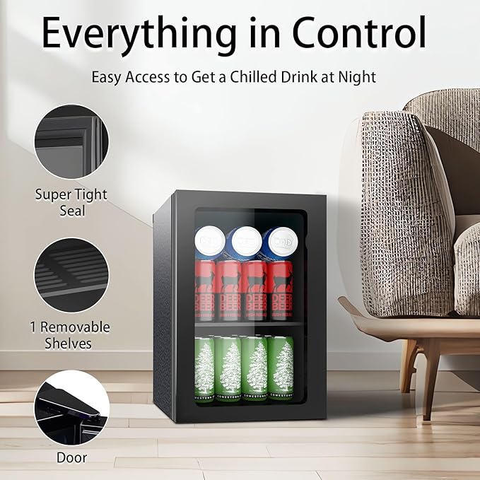 0.95 Cu.ft Mini Fridge Holds 24 Cans, Beverage Refrigerator Cooler, Solid Door, Manual Temperature Control (at the Back), Quiet Compact Drink Fridge for Soda, Beer, Wine, Office, Dorm, Bar