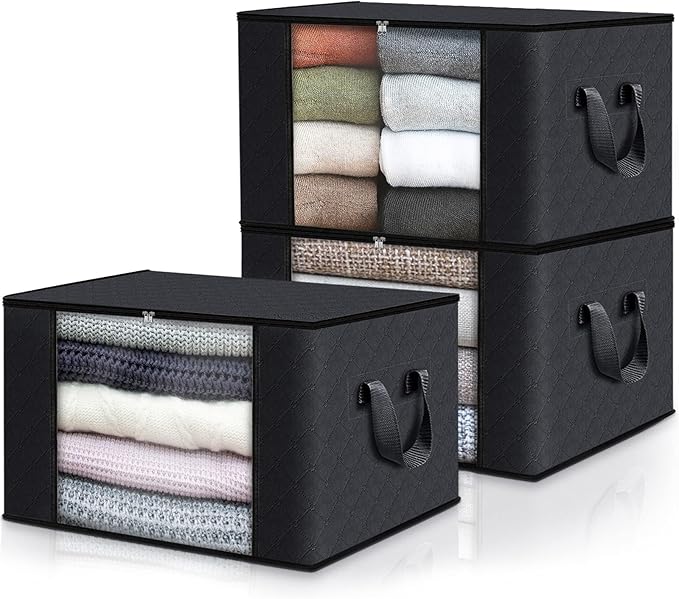 Fab totes 3 Pack Clothes Storage, Foldable Thick Fabric Blanket Storage Bags, Containers for Organizing Bedroom, Closet, Clothing, Comforter,Closet Organization with Handle,Black