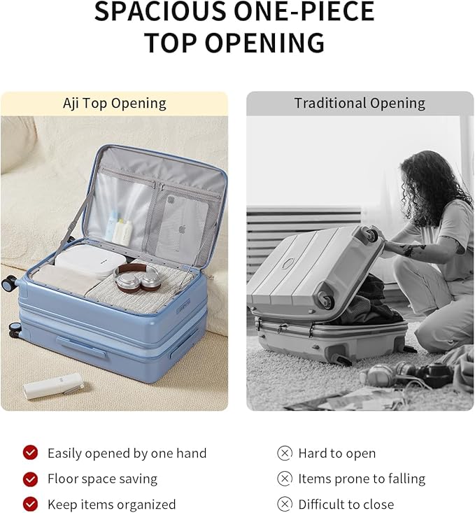 aji Expandable Top Open 24 Inch Checked Luggage with Spinner Wheels, Large Suitcase with TSA Lock, Hardside Travel Luggage Suitcases for Men Women, for 14+Days Travel, Blueberry Blue