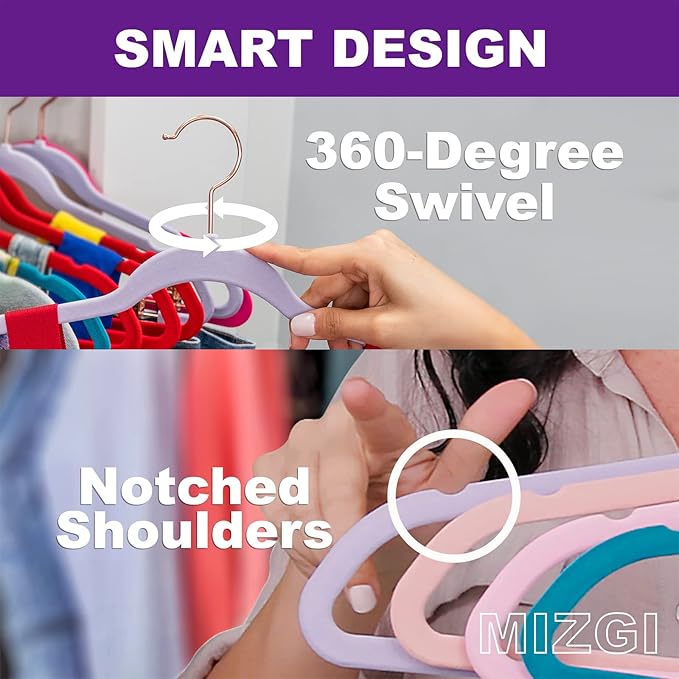 MIZGI Premium Velvet Hangers (50 Pack) Heavy Duty - Non Slip Felt Hangers - Velvet Suit Hanger Ivory - Rose Gold Hooks,Space Saving Clothes Hanger