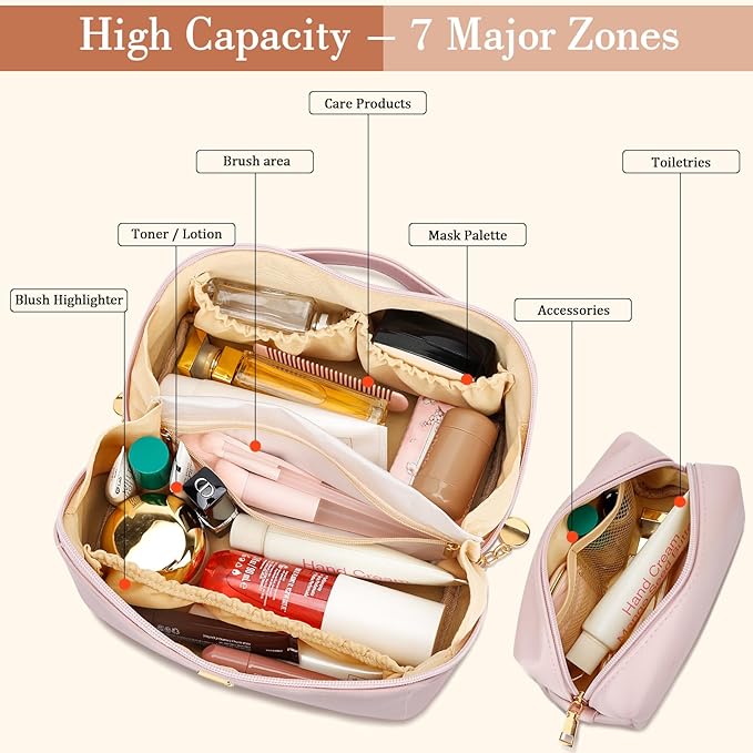 Birthday Gifts for Women Teen Girl, Personalized Initial Makeup Organizer Bag Set, Open Flat Travel Cosmetic Bag With Clear Divider and Handle(Pink,M)