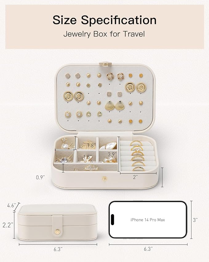 Vlando Travel Jewelry Case for Women Girls Mothers, PU Leather Small Mini Jewelry Box for Rings, Necklaces, Bracelets, Earring Holder Organizer Storage for Travel Accessories, Bridesmaid Gifts - Beige