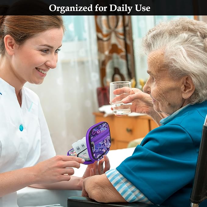 Serfeymi Weekly Travel Pill Organizer Pill Case for Purse with Removable 7 Day Pill Box, Fashionable Travel Medicine Organizer Pill Container for Medicine, Vitamin, Supplement - Green 01 + Purple 01
