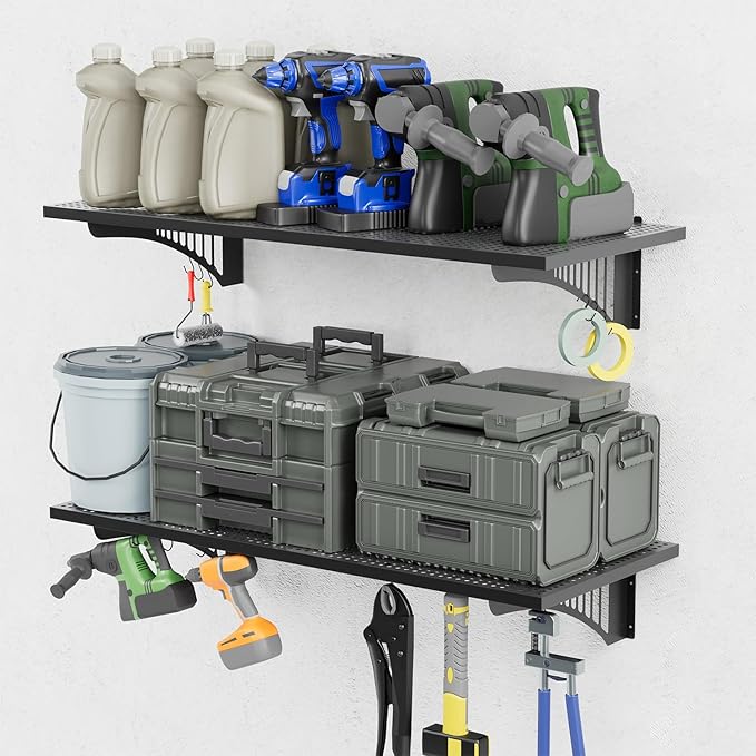 EROMMY 2-Pack 1.64x4ft Garage Shelving with 500lbs Capacity, Shelving Wall Mounted Metal Floating Storage System-Garage Shelves Heavy Duty with 6 Hooks for Basement Organization