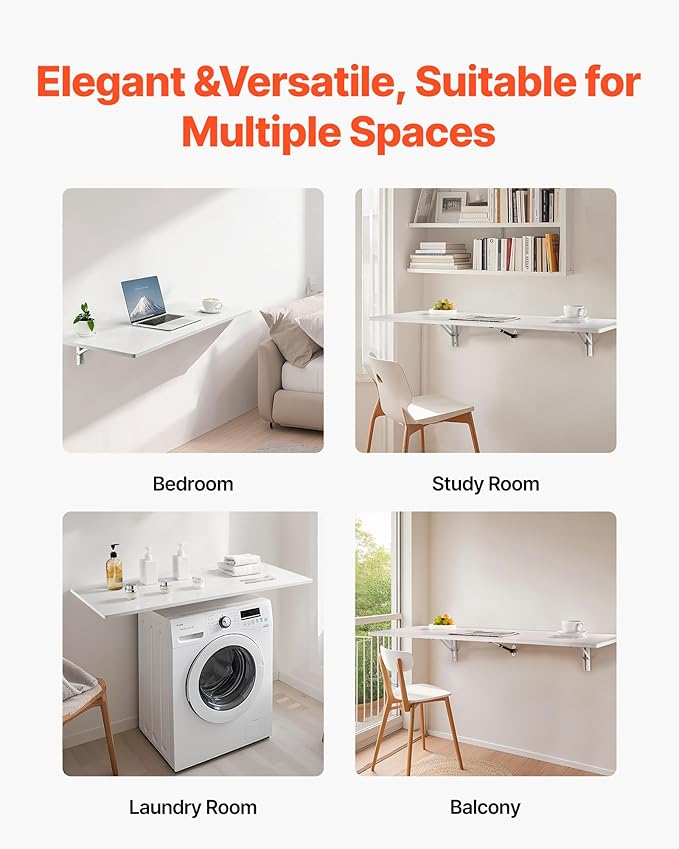 VEVOR Wall Mounted Folding Table, 43.3 x 18 inches Wall Mount Table, Floating Desk with Iron Bracket, Fold Down Desk for Small Spaces, Home Office, Dining, Laundry Room, Kitchen, Bar, White