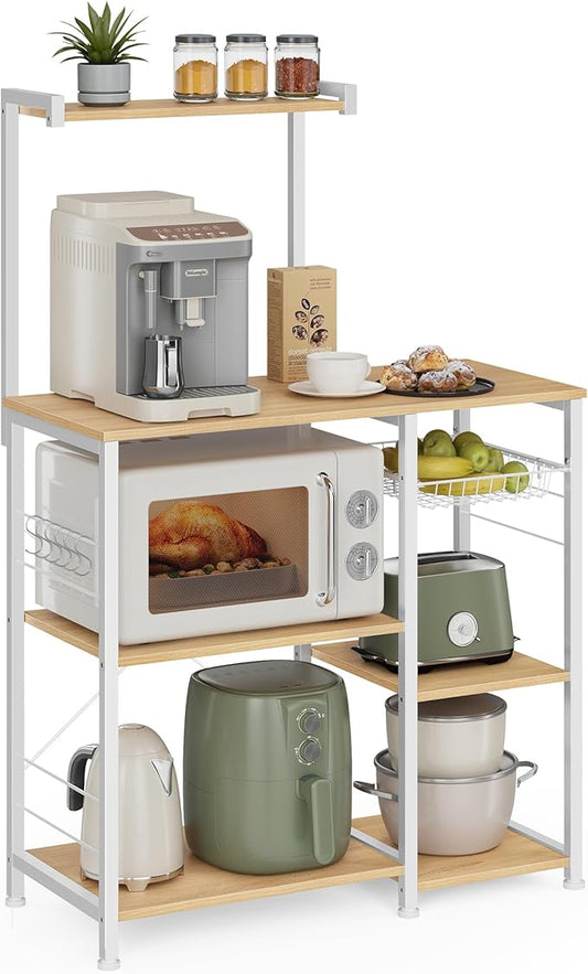 VASAGLE Baker's Rack, Microwave Stand, Kitchen Storage Rack with Wire Basket, 6 Hooks, and Shelves, for Spices, Pots, and Pans, Golden Oak and Cloud White UKKS035W09