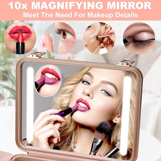 Mocado Travel Makeup Case with Lighted Mirror, 8 Makeup Brushes & 10x Magnifying Mirror, Cosmetic Case with Adjustable Brightness, White