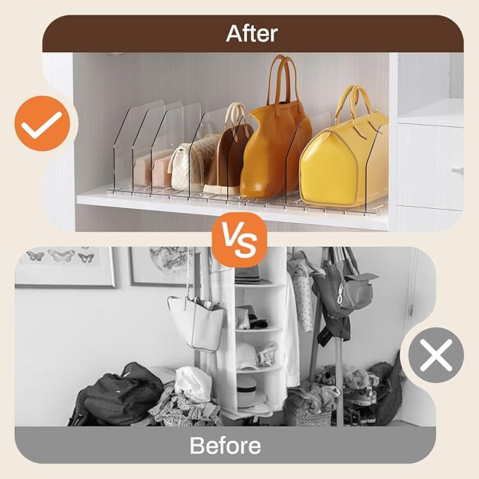 Purse Organizer for Closet, Adjustable Clear Handbag Storage Holder, Acrylic Purse Organizer for Closet Organization, Shelf Divider, Perfect for Bedroom, Living Room, Home