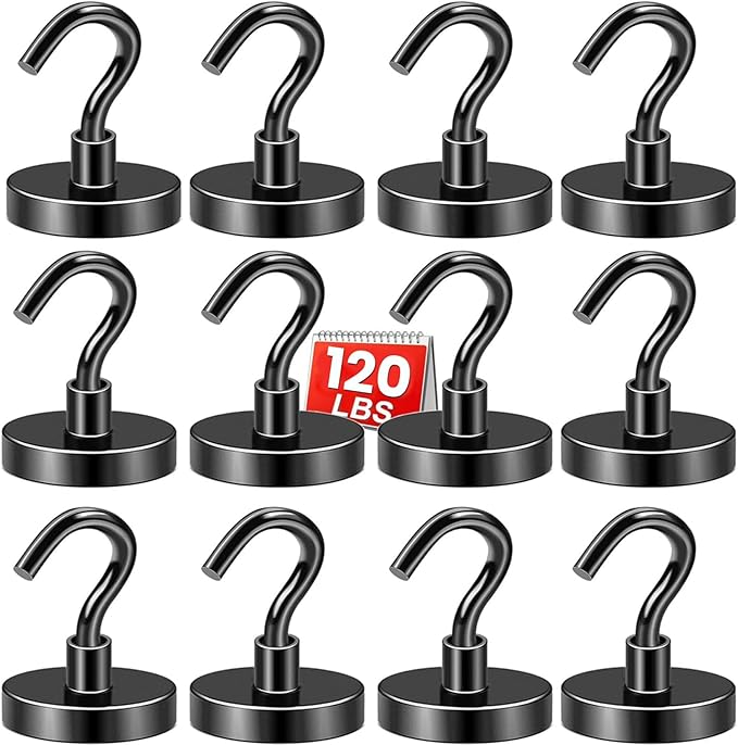 DIYMAG Black Magnetic Hooks, 120 LB Heavy Duty Strong Magnets with Hook, Rare Earth Neodymium Magnet for Cruise Cabins Ship Essentials 12 Packs