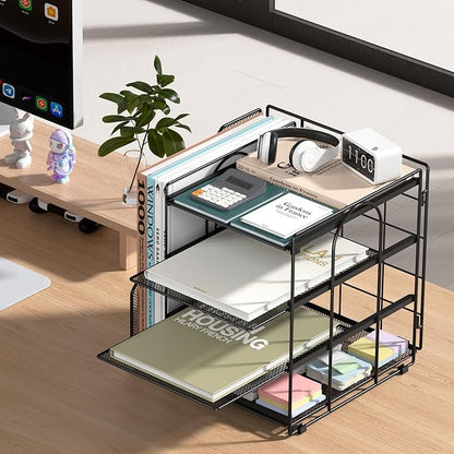 Desk Organizer, 4-Tier Metal Paper Organizer for Desk with Vertical File Holder, Office Accessories and Desktop Storage for Office Supplies (Black)