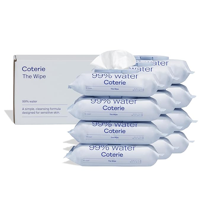 Coterie Baby Wipes for Sensitive Skin, Plant-Based and Plastic-Free Fibers, 99% Water, Hypoallergenic, pH Balanced, Unscented, Clean and Gentle Baby Essentials, 12 Pack, 672 Count