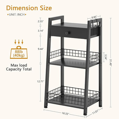 3-Tier Bathroom Ladder Shelf with Drawer, Freestanding Tower Shelf Ladder Bookshelf for Living Room, Bedroom -Black