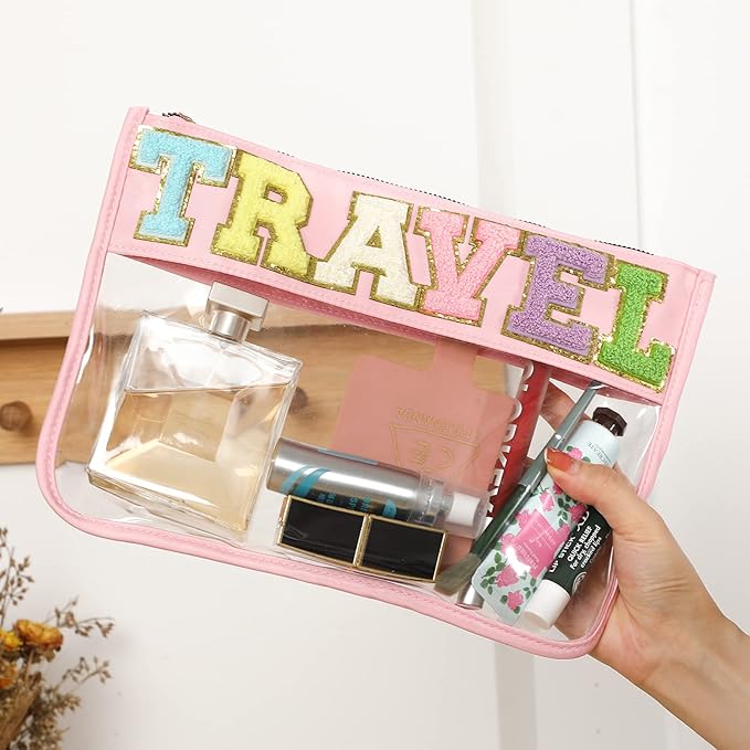 DYSHAYEN Chenille Letter Clear Zipper Pouch for Travel,Nylon Clear Cosmetic Bag,Makeup Travel Bag for Women Girls 11.8 Inches x 8.2 Inches