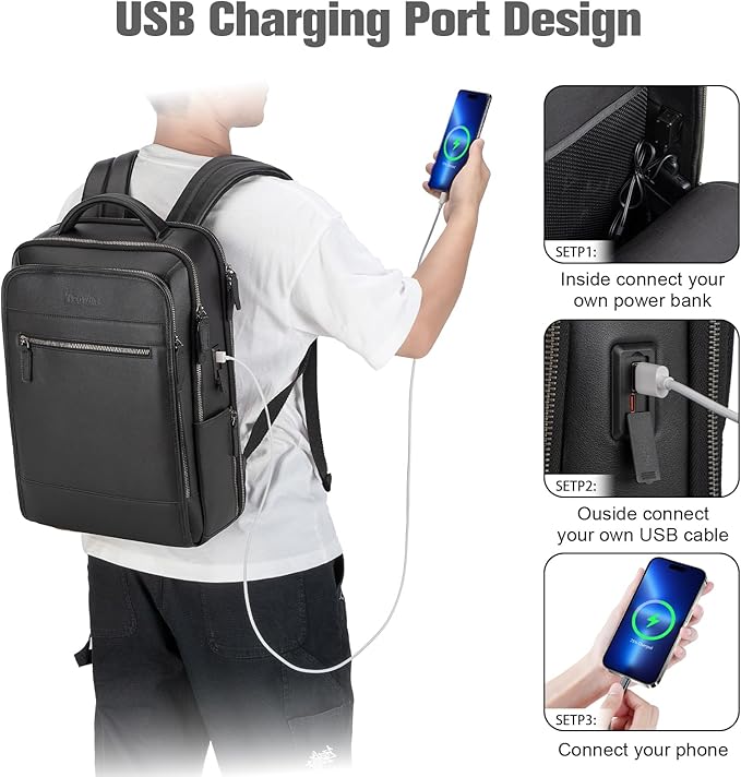 Tzowla Leather Laptop Backpack, Bag for Men and Women,Business Travel Work Rucksack Fits 15.6 Inch Laptop,Bookbag with USB and Type-C Charging Port-Black