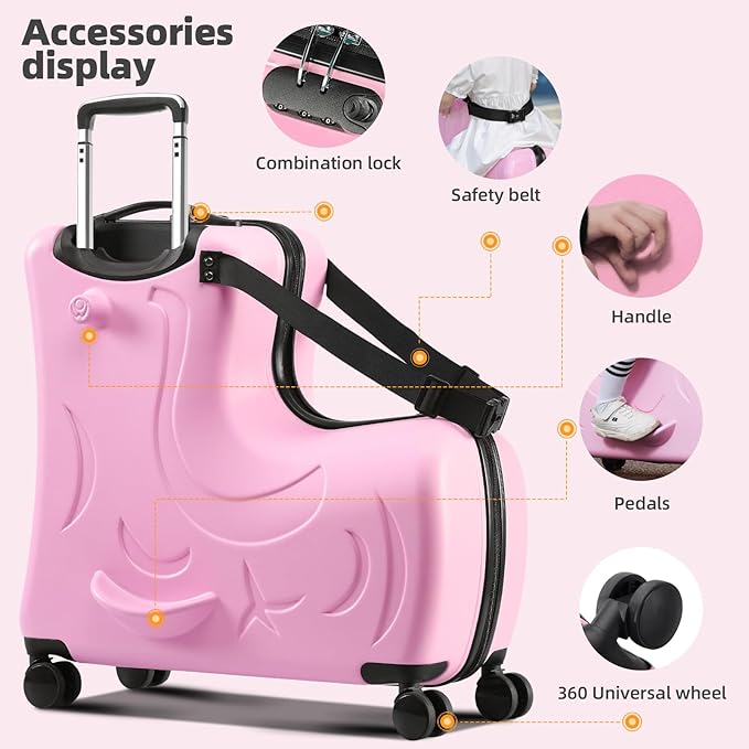Ride on Hard Shell Kids Luggage with 4 Spinner Wheels for Girls and Boys, Rolling Childrens Travel Suitcase with Seat and Safety Belt for Toddler Ages 6-12, Checked size 25 Inch, Pink