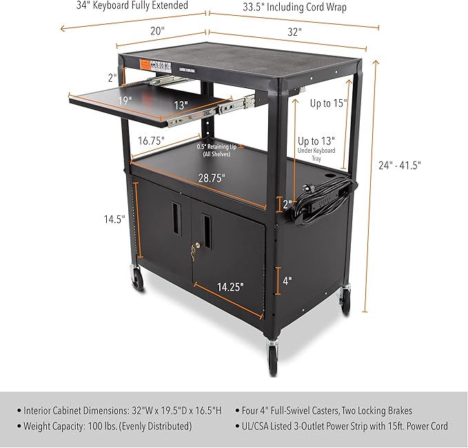 Line Leader Extra Wide AV Cart with Locking Cabinet, Rolling Computer Desk, Height Adjustable Utility Cart with Pullout Keyboard Tray & UL-Listed Power Strip, Great for Projectors (42 x 32 x 20in)
