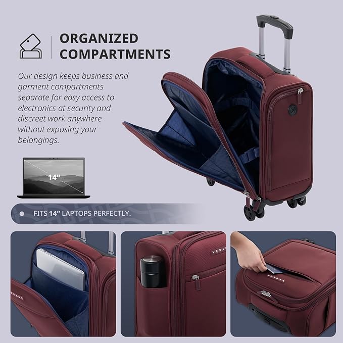 Verage Underseat Carry On Luggage with Wheels, 14.5-Inch Spinner Small Suitcase, Softside Lightweight Travel Bag for Men and Women, Airplane Carry On Bag, Burgundy Red