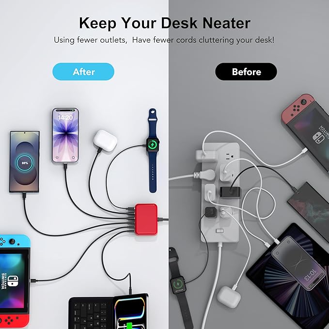 USB C Fast Charger 100W GaN 6 Port Type USB C Charging Station Hub Block Wall Charger Power Strip Adapter Plug Cube Brick 3 USB A for iPad iPhone 17 16 15 14 13 12 11 Pro Max
