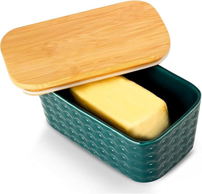Hasense Ceramic Butter Dish with Lid, Large Butter Container for Countertop Airtight Butter Stick Covered Keeper, Embossed Pattern,Easy Clean Dishwasher Safe, Green
