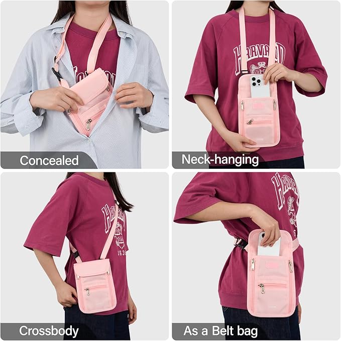 Hanke Passport Holder, Travel Wallet for Womens and Men, Neck Wallet Hidden Passport Pouch for Travel Adjustable Lightweight Thin with 6 compartments (Pink)