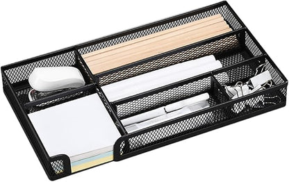Desk Drawer Organizer Tray 6 Compartment Mesh Organizers 11x6x1.4" Small Metal Pencil Organizer Pen Pencil Tray for Home Office School Supplies Desktop Desk, Drawer org