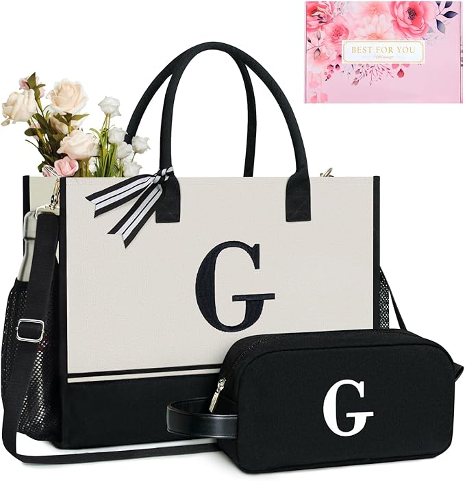 TOPDesign Personalized Initial Canvas Tote Bag, for Wedding, Birthday, Beach, Perfect Gifts for Women, Mom, Teachers, Friends