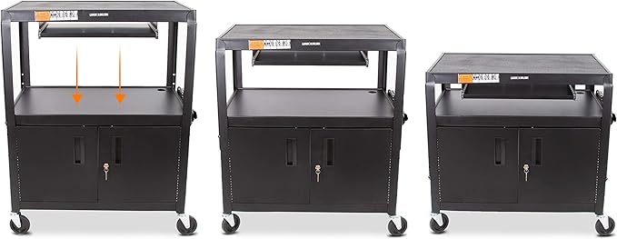 Line Leader Extra Wide AV Cart with Locking Cabinet, Rolling Computer Desk, Height Adjustable Utility Cart with Pullout Keyboard Tray & UL-Listed Power Strip, Great for Projectors (42 x 32 x 20in)