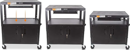 Line Leader Extra Wide AV Cart with Locking Cabinet, Rolling Computer Desk, Height Adjustable Utility Cart with Pullout Keyboard Tray & UL-Listed Power Strip, Great for Projectors (42 x 32 x 20in)