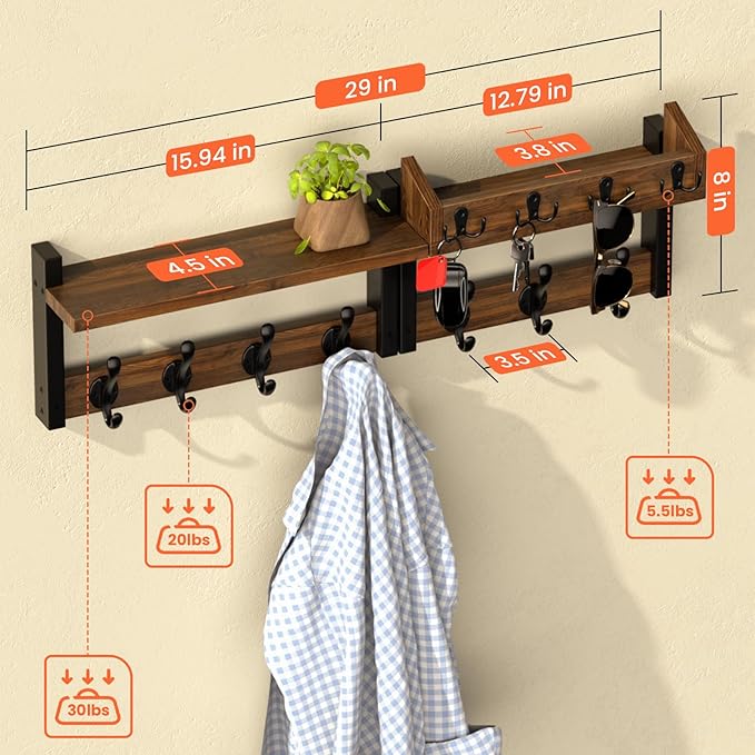 29'' Rustic Coat Rack Wall Mount with Shelf and Key Hooks, Solid Wood Key Holder Wall Mount, Farmhouse Wall Organizer for Mail, Entryway Wall Hangers for Hats, Clothes, Backpacks, Dog Leashes, Mudroom