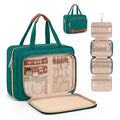 Wedama Toiletry Bag for Women, Hanging Travel Toiletry Bag with Jewelry Organizer Compartment Large Makeup Bag, PVC Waterproof Cosmetic Travel Bag Trips Camping Bathroom, Green+Brown