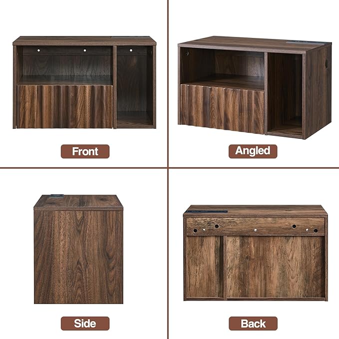 Modern Walnut Fluted Floating Nightstand with Charging Station, NightStand with Drawers, Bedside with USB Ports and Outlets, Bedroom Furniture (Right)