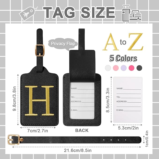 Personalized Initial Luggage Tags for Suitcase TSA Approved, Black Leather Cute Luggage Tag with Privacy Cover Name Card, Embroidered Custom Luggage Tags Travel Backpack Tags Gifts for Women Kids(H)