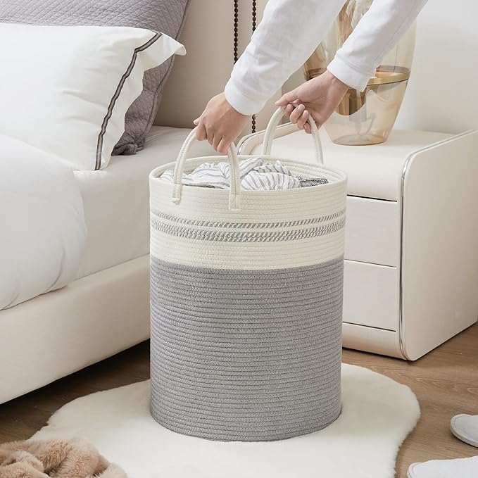 YOUDENOVA Woven Rope Laundry Hamper Basket, 58L Tall Luandry Basket, Baby Nursery Hamper for Blanket Storage, Clothes Hamper for Laundry in Bedroom-Grey