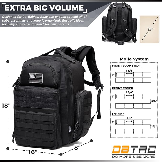 Diaper Bag Backpack for Dad, DBTAC Large Baby Nappy Bag for Men w/Changing Mat, Insulated+Wipe Pockets, Stroller Straps, Black