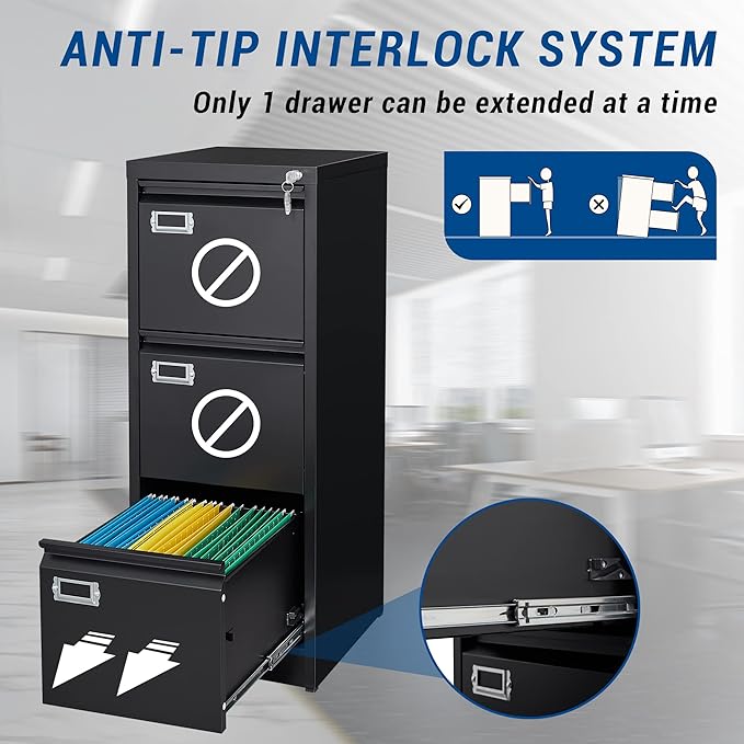 Vertical File Cabinets - 3 Drawers 17.8" Deep Lockable Filing Cabinet - Metal Storage Cabinets for Home Office to Hanging Files Letter/Legal/F4/A4 Size