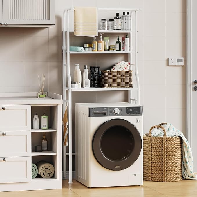 Over The Washer and Dryer Storage Shelf, 3 Tier Laundry Room Metal Drying Rack with Towels Hangers, Space Saver Organizer for Hanging Clothes and Towels (Metal White RA2)