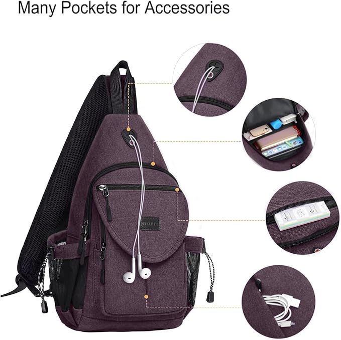 MOSISO Sling Backpack,Canvas Crossbody Hiking Daypack Bag with Anti-theft Pocket, Rose Brown