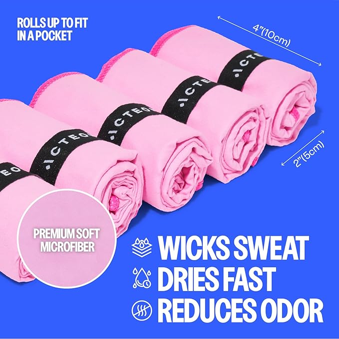 Acteon Microfiber Quick Dry Gym Towels, Silver ION Odor-Free Super Absorbent Pink Towels, Pink Towel Set, Womens Workout Accessories for Body Sweat Yoga Tennis
