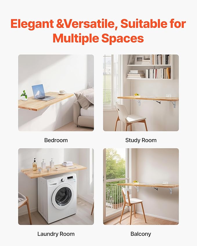 VEVOR Wall Mounted Folding Table, 47.2 x 19.7 inches Wall Mount Table, Floating Desk with Iron Bracket, Fold Down Desk for Small Spaces, Home Office, Dining, Laundry Room, Kitchen, Bar, Burlywood